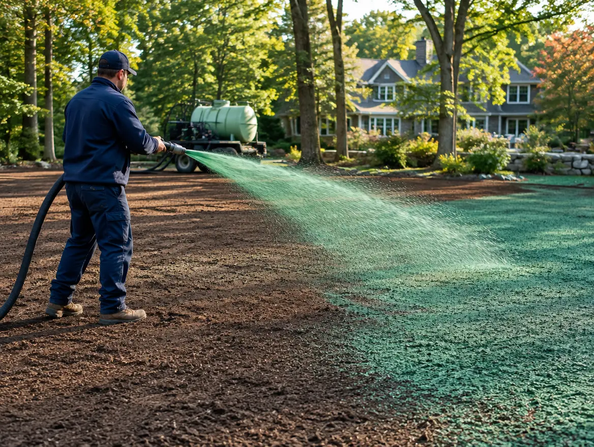 Professional hydroseeding application on a Massachusetts residential lawn