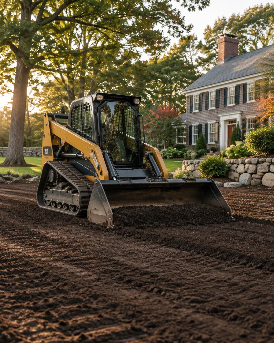 Professional landscaping equipment grading loam at a Massachusetts residential property