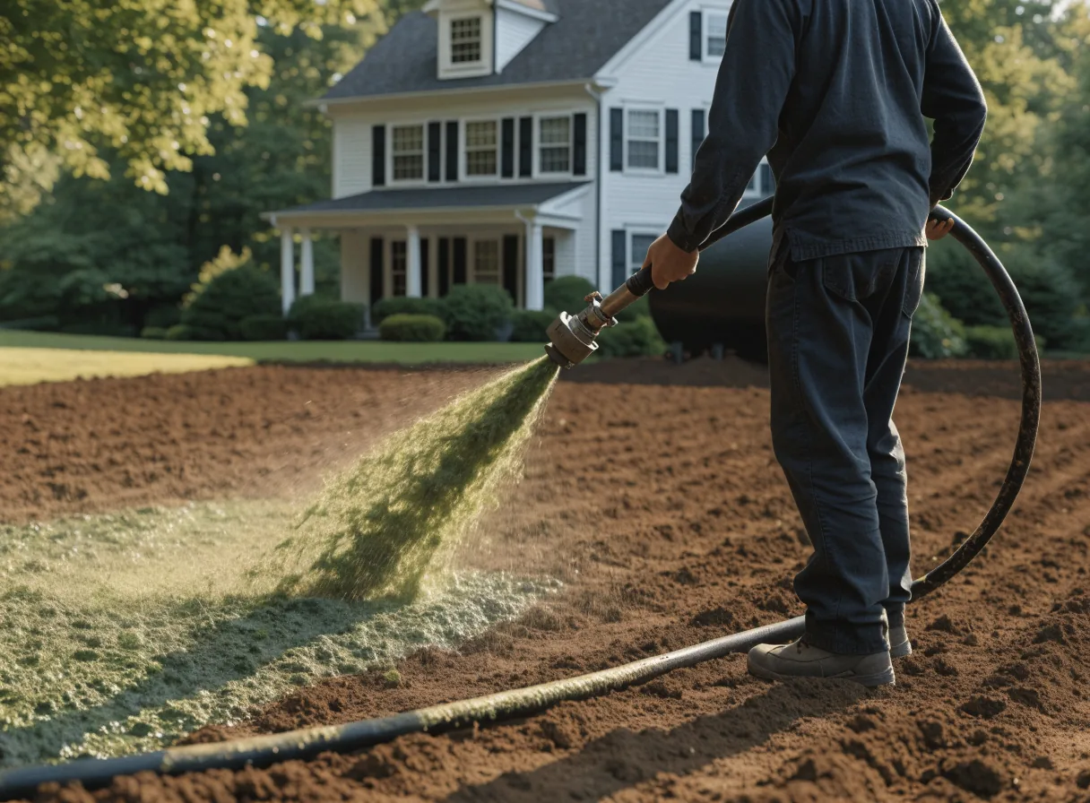 Professional hydroseeding application on a residential lawn