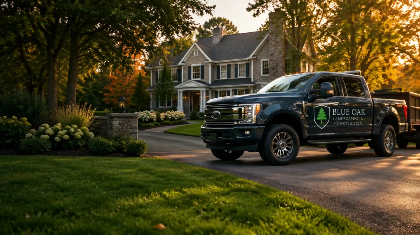 Blue Oak Landscaping & Construction truck parked at a landscaped Massachusetts home